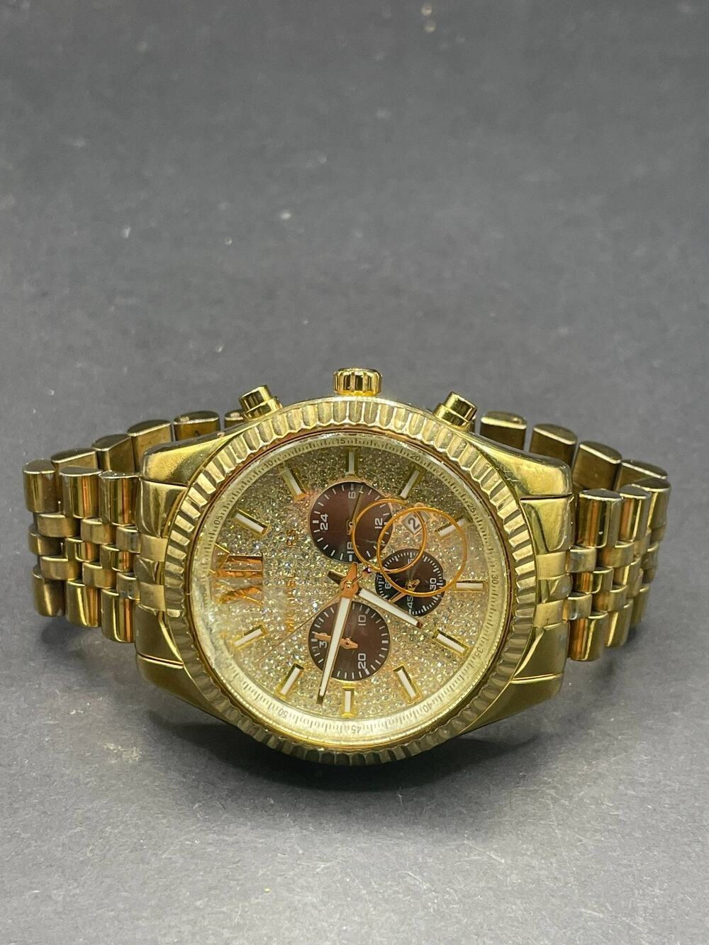 Michael Kors Gold Tone Glitz Chronograph Wristwatch Fluted Bezel For Parts